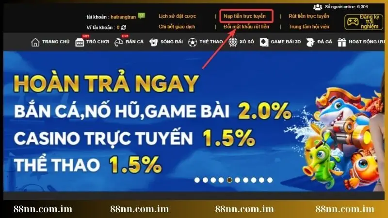 Chọn vào mục nạp tiền tại giao diện chính thức